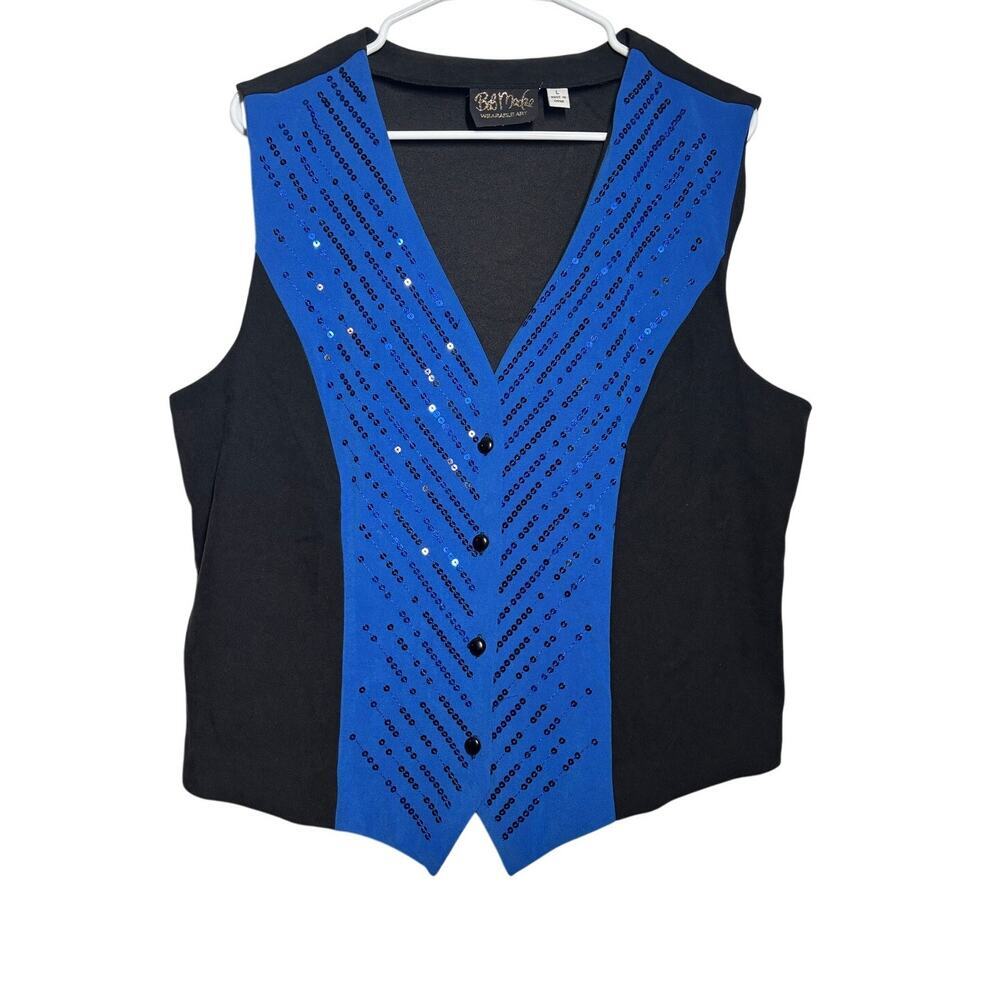 Bob Mackie Women L Blue Sequined Button Down Vest Wearable Art